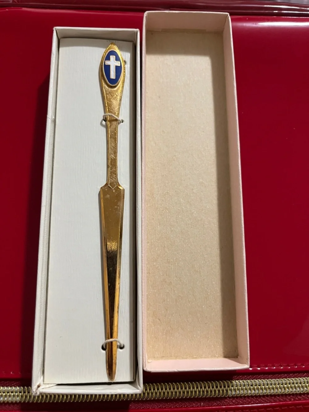 Vintage Gold Letter Opener with Blue and White Cross Emblem